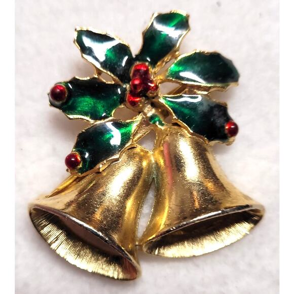 Enamel Christmas Bells Holly Vtg Brooch Lot 1 Signed Roma Xmas Holiday Goldtone - Picture 4 of 6